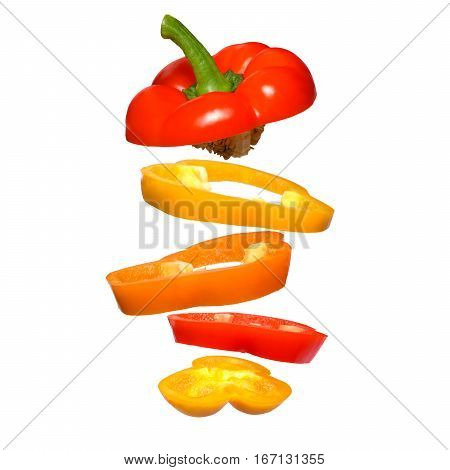 Flying red, orange and yellow paprika. Sliced floating pepper isolated. Levity vegetable. Capsicum