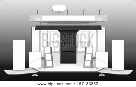 Monochrome realistic 3d design mockup of exhibition advertising stand with banners leaflet racks tv info boards vector illustration