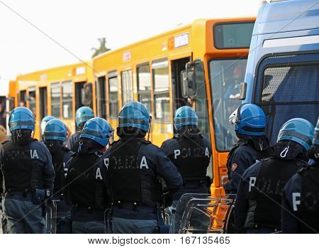 Vicenza, Vi, Italy - January 28, 2017: Italian Police Riot Squad With Body Armor In The City