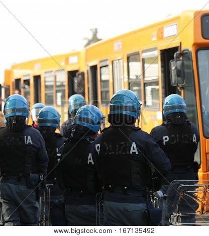 Vicenza, Vi, Italy - January 28, 2017: Italian Police Riot Squad With Body Armor In The City