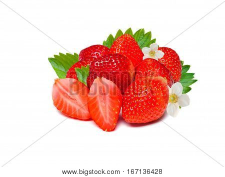 Ripe red of fresh strawberries with leaves. Isolated white background.