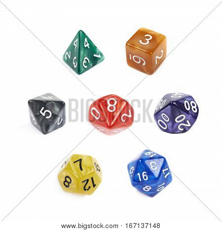Set of multiple colorful roleplaying polyhedral dices isolated over the white background