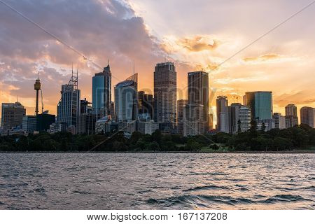 Sunset on the Sydney City Australia.JAN 29,2017 The City of Sydney is the local government area covering the Sydney central business district and surrounding inner city suburbs of the greater metropolitan area of Sydney.