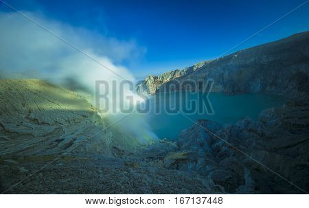 landscape mountain crater with white smoke that was still burning