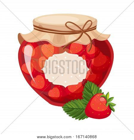 Sweet Strawberry Red Jam Glass Jar Filled With Berry With Template Label Illustration. Cute Colorful Sweet Natural Jelly Related Vector Sticker Isolated On White Background.