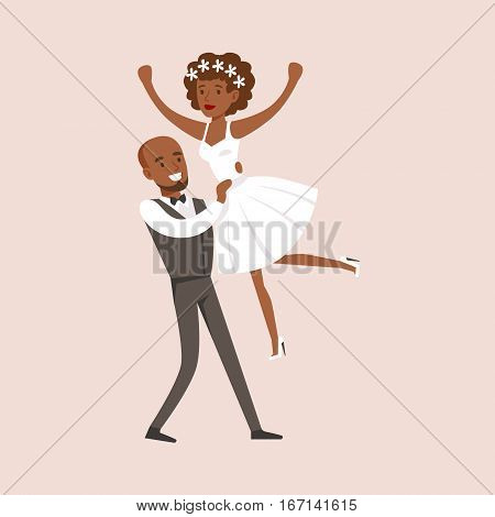 Newlyweds Doing Dirty Dancing Finale At The Wedding Party Scene. Cute Bride And Groom Couple In Classic Outfits Simple Vector Illustration On Pink Background.