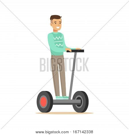 Asian Man In Blue Sweater Riding Electric Self-Balancing Battery Powered Personal Electric Scooter Cartoon Character. Happy Person Using Modern Technology Gyro Vehicle Vector Illustration.