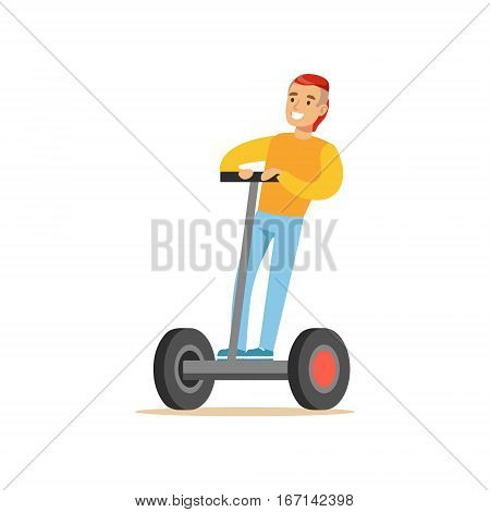 Guy With Cool Haircut In Yellow Sweater Riding Electric Self-Balancing Battery Powered Personal Electric Scooter Cartoon Character. Happy Person Using Modern Technology Gyro Vehicle Vector Illustration.