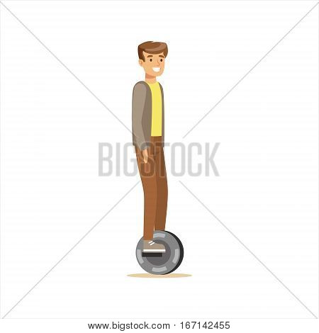 Man In Grey Jacket And Brown Pants Riding Electric Self-Balancing Battery Powered Personal Electric Scooter Cartoon Character. Happy Person Using Modern Technology Gyro Vehicle Vector Illustration.