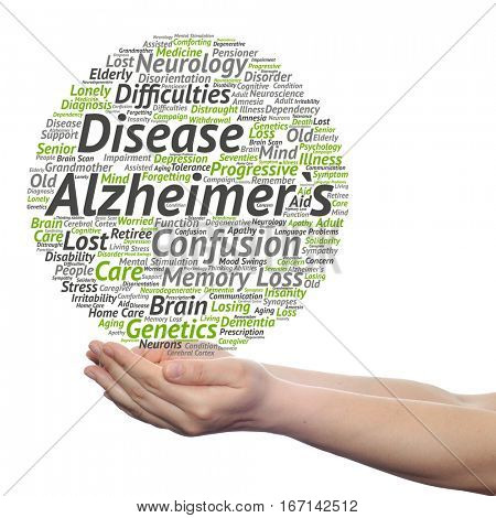 Concept or conceptual Alzheimer`s disease symtoms abstract word cloud held in hands isolated on background