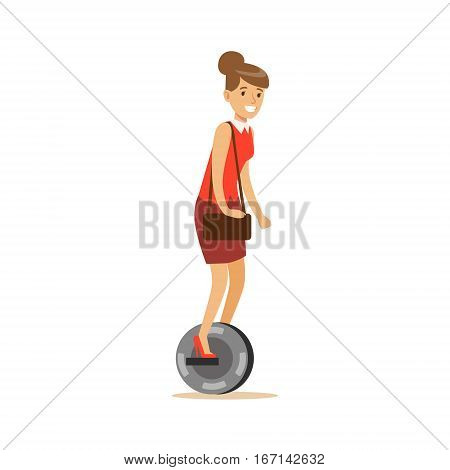 Woman In Red Top With Handbag Riding Electric Self-Balancing Battery Powered Personal Electric Scooter Cartoon Character. Happy Person Using Modern Technology Gyro Vehicle Vector Illustration.