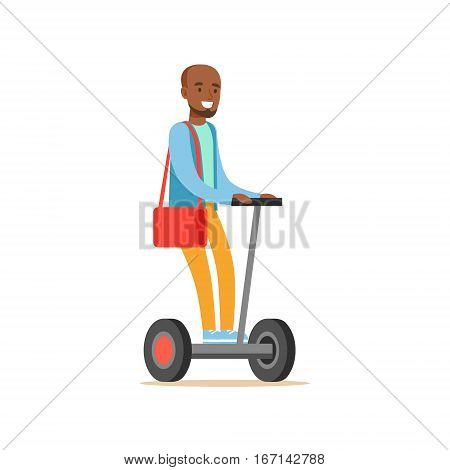 Black Man In Blue Sweater Riding Electric Self-Balancing Battery Powered Personal Electric Scooter Cartoon Character. Happy Person Using Modern Technology Gyro Vehicle Vector Illustration.