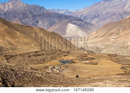 Landscape of Muktinath village in lower Mustang Nepal.