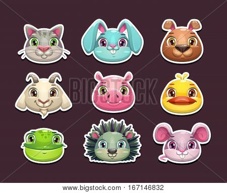 Cute cartoon animal face icons set. Isolated stickers on dark background. Vector assets for game design.