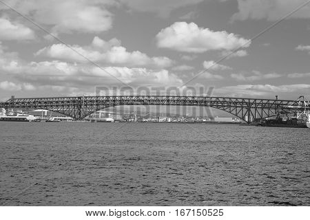 Black and White Minato Bridge over Osaka sea port Japan