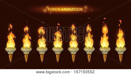 Cartoon torch animation frames set. Fire sprites set.
