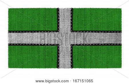 Flag of Devonshire in England. Made of several parts of white thread. Fabric with large texture.