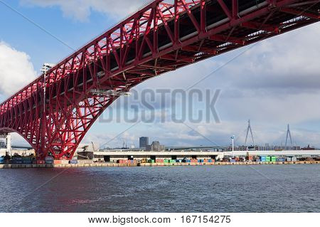 Minato Bridge double desk red bridge cross the sea in Osaka Japan