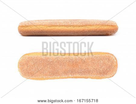 Single ladyfinger savoiardi biscuit cookie isolated over the white background, set of two different foreshortenings