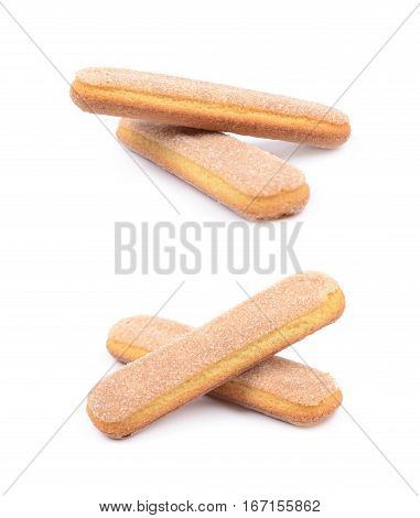 Couple of ladyfinger savoiardi biscuit cookies, composition isolated over the white background, set of two different foreshortenings