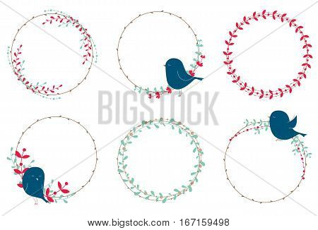 Vector rustic wreathes with birds, branches, leaves and berries.