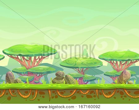 Seamless cartoon horizontal landscape with fantasy plants and stones. Separated layers for parallax effect in animation. Vector outdoor illustration for game design.