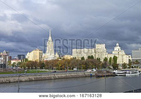 Moscow skyline. View of hotel Ukraina from a pedestrian bridge across the Moscow River. October cloudy.