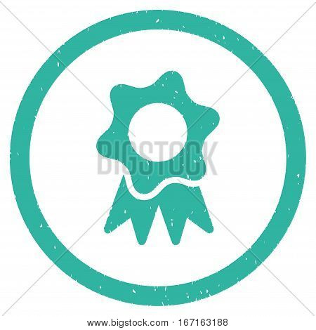 Award Seal grainy textured icon inside circle for overlay watermark stamps. Flat symbol with dust texture. Circled dotted vector cyan ink rubber seal stamp with grunge design on a white background.