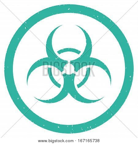Bio Hazard grainy textured icon inside circle for overlay watermark stamps. Flat symbol with dirty texture. Circled dotted vector cyan ink rubber seal stamp with grunge design on a white background.