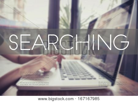 business hand typing on a laptop keyboard with Search homepage on the computer screen searching exploration discover inspect finding concept.