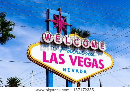 A view of Welcome to Fabulous Las Vegas sign in Las Vegas Strip at day time
