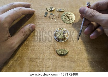 The procces of mechanical watch repair wih special tools
