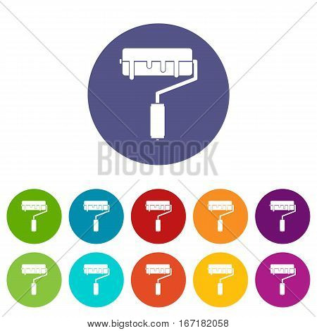 Paint roller with paint set icons in different colors isolated on white background