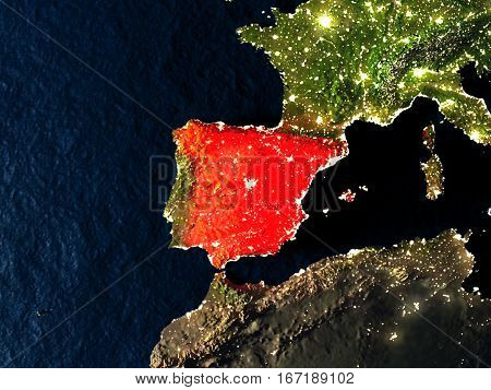 Spain In Red From Space At Night