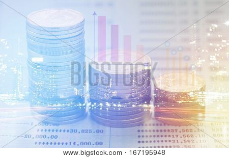 pile coin money with account book finance and banking concept for background.concept in grow and walk step by step for success in business