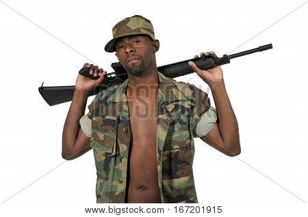 Handsome young black African American man soldier with a rifle