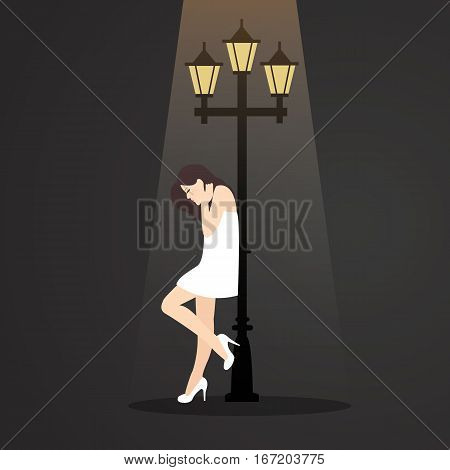 girl depressed lonely feel sad alone under street lamp vector