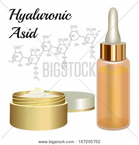 Skin Cream and Emulsion with Hyaluronic Asid. Chemical Formula. Collagen Solution. Supreme Collagen Serum Essence Vector Illustration. Used for Medicine Banner, Poster, Cosmetics Advertising.