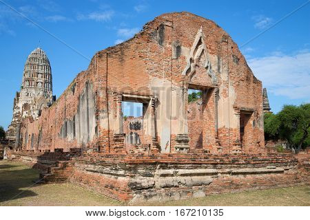 Ruins of a vikhara of the ancient Buddhist temple of Wat Ratcha Burana close up. Ayutthaya, Thailand