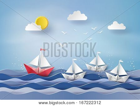 origami made colorful paper sailing boat.paper art style.