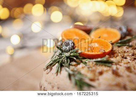 Decorative Chirstmas Cake With Garland On Background