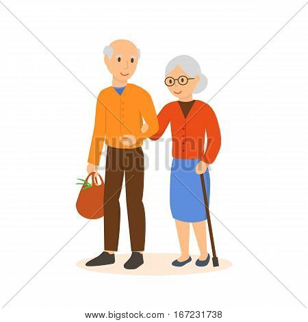 Shopping people. Elderly people go under in the arm of the shopping complex, at the grandfather in the hand a the bag with goods, grandmother leans on a cane. Vector illustration.