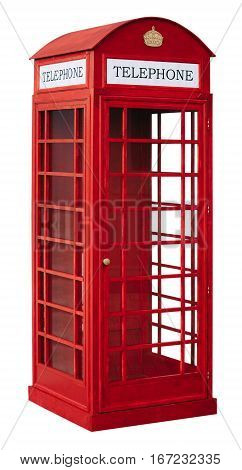 The English red public callbox is isolated on a white background