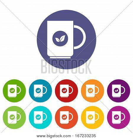 Cup of tea set icons in different colors isolated on white background
