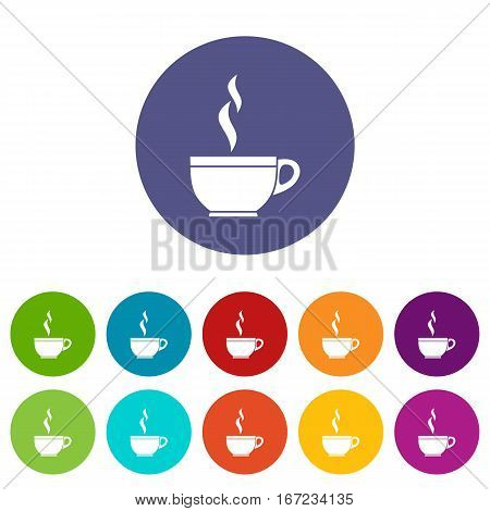 Glass cup of tea set icons in different colors isolated on white background