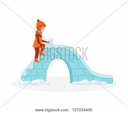 Concept - kids favorite winter activities. Girl in winter clothes gets on the ice hill to ride on it. Vector illustration. Can be used in banner, mobile app, design.