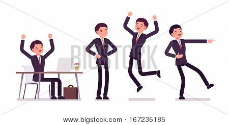 Young happy businessman sitting at the desk with computer, raised hands, standing in akimbo pose, jumping with joy, pointing with finger and laughing, full length, front and rear view, isolated