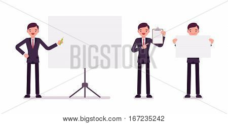 Set of young happy businessmen in formal wear, standing near empty whiteboard, holding frame, paper and poster for copyspace, presentation of information, full length, isolated, white background