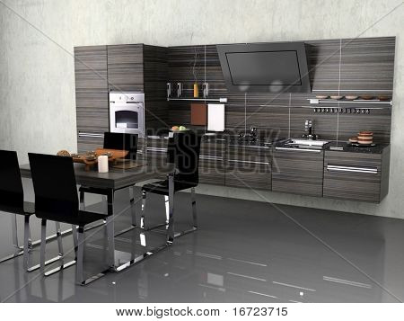 the modern kitchen interior design (3D rendering)