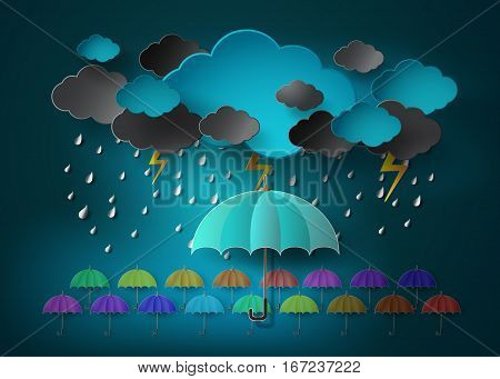 umbrella with heavy fall rain in the dark sky.paper cut style.